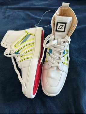 Christian Louboutin High-Top Sneakers with Neon Yellow and Red Sole